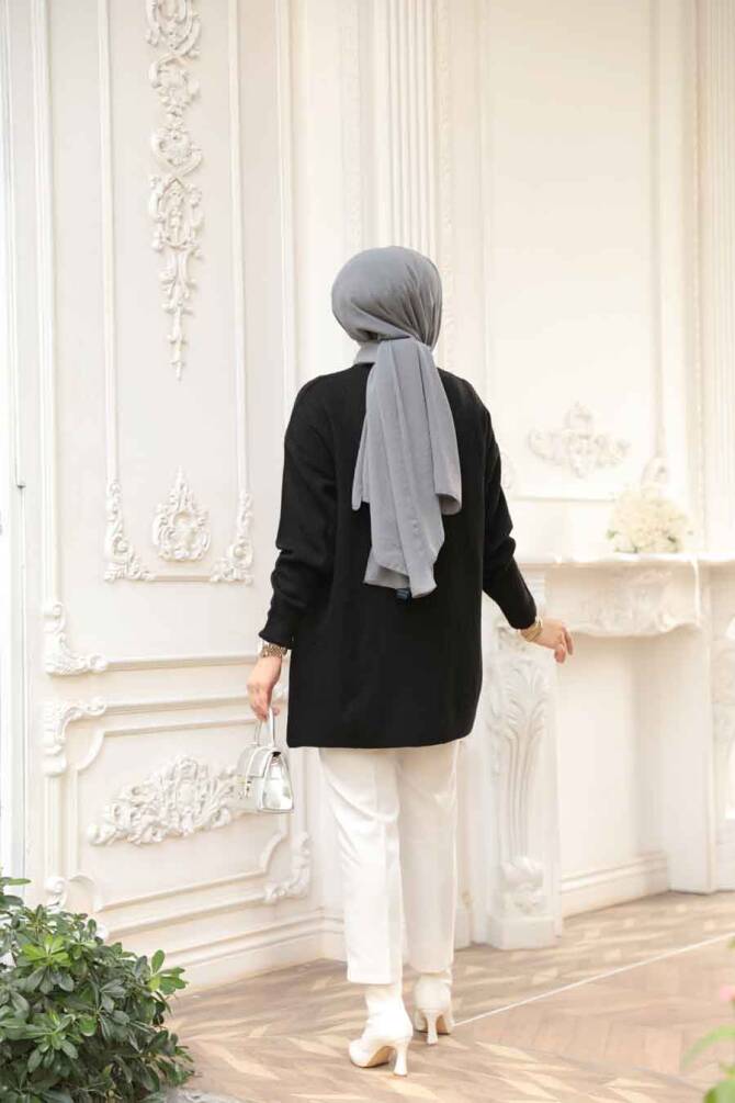 Fitilli Siyah Tesettür Triko Kazak Tunik 29141S - 3