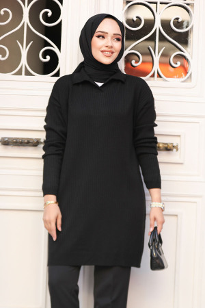 Fitilli Siyah Tesettür Triko Kazak Tunik 65903S - 1