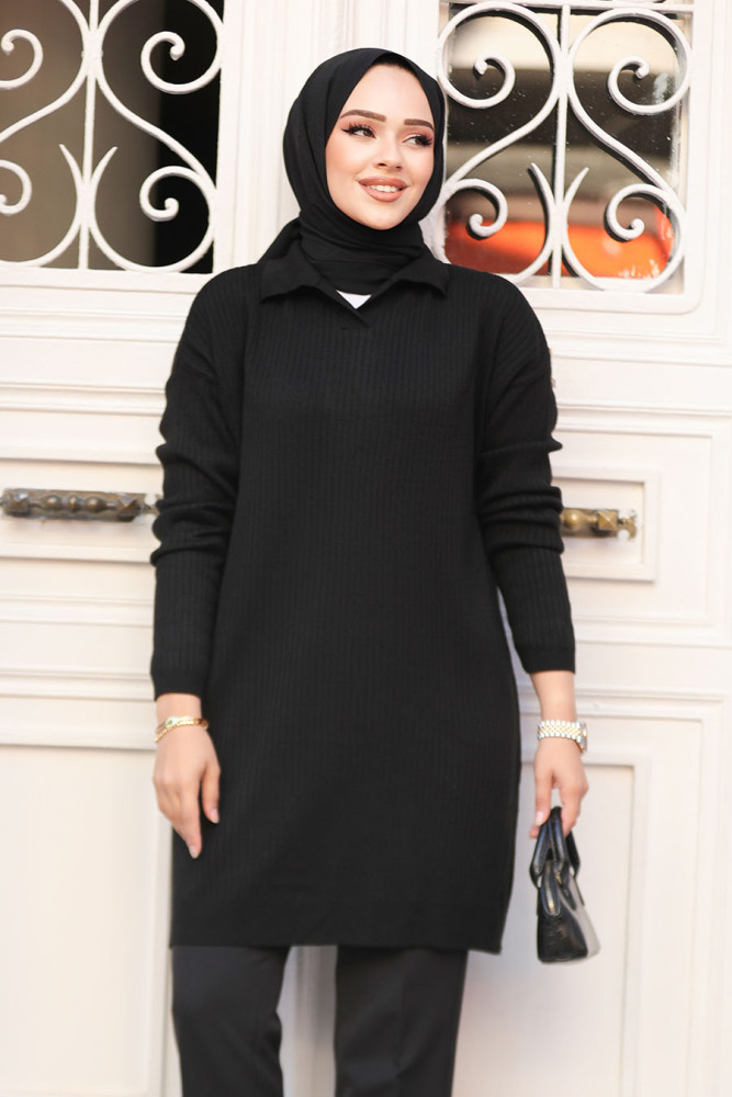 Fitilli Siyah Tesettür Triko Kazak Tunik 65903S - 1
