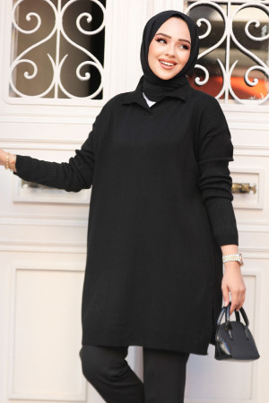 Fitilli Siyah Tesettür Triko Kazak Tunik 65903S - 2