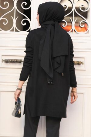 Fitilli Siyah Tesettür Triko Kazak Tunik 65903S - 3
