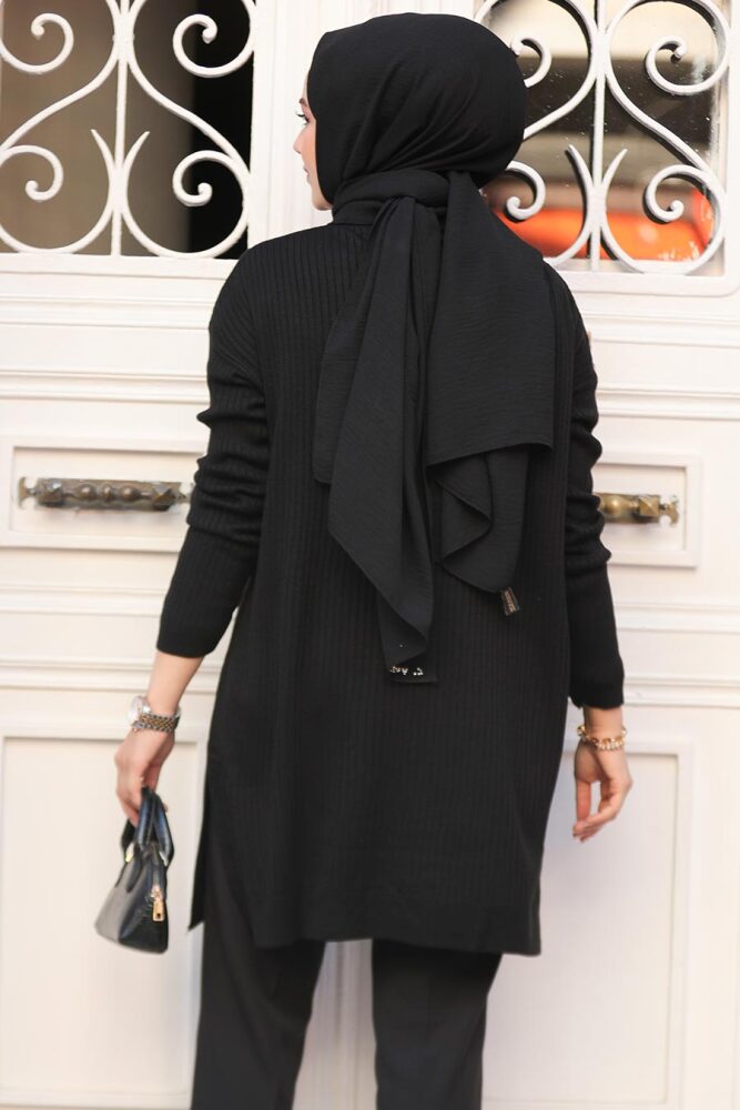 Fitilli Siyah Tesettür Triko Kazak Tunik 65903S - 3