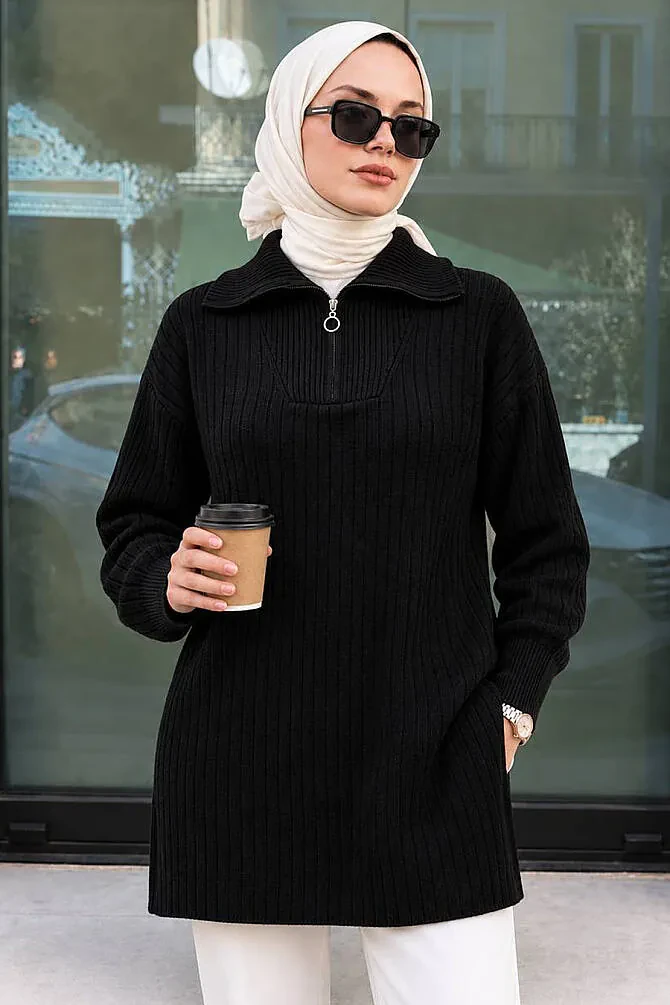 Fitilli Siyah Tesettür Triko Kazak Tunik 85521S - 1