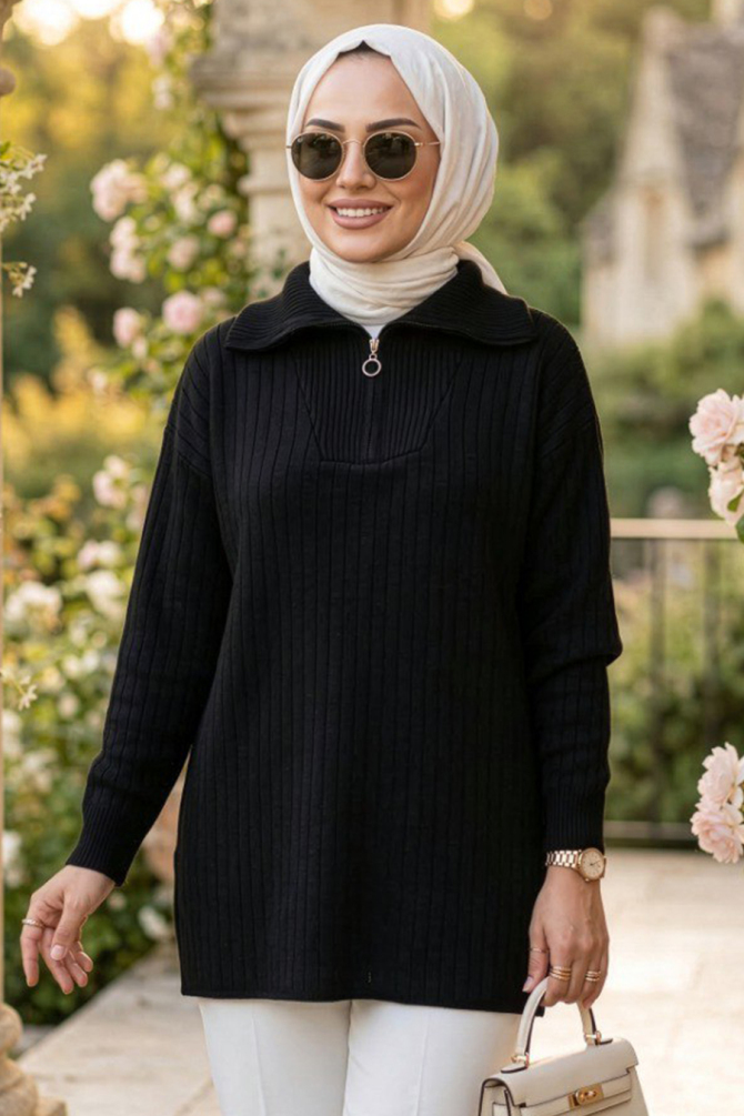 Fitilli Siyah Tesettür Triko Kazak Tunik 85521S - 1