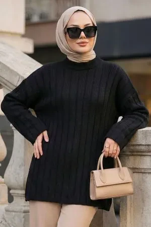 Fitilli Siyah Tesettür Triko Kazak Tunik 8844S 