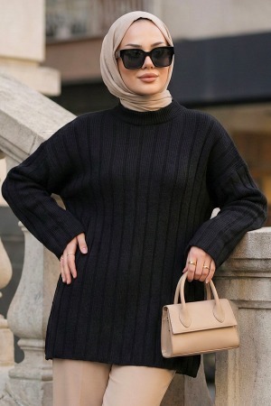 Fitilli Siyah Tesettür Triko Kazak Tunik 8844S - 1