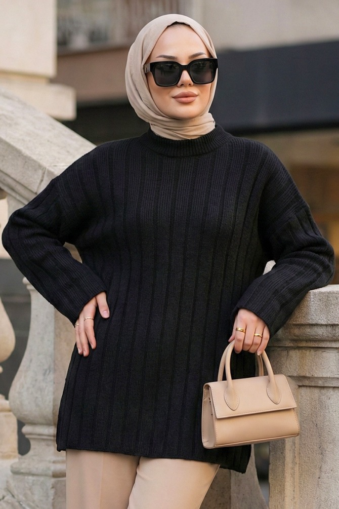 Fitilli Siyah Tesettür Triko Kazak Tunik 8844S - 1