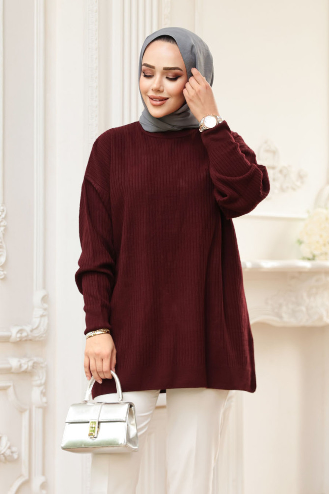 Fitilli Vişne Tesettür Triko Kazak Tunik 29141VSN - 2