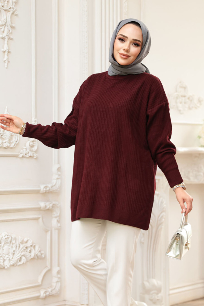 Fitilli Vişne Tesettür Triko Kazak Tunik 29141VSN - 3