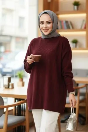 Fitilli Vişne Tesettür Triko Kazak Tunik 29141VSN 