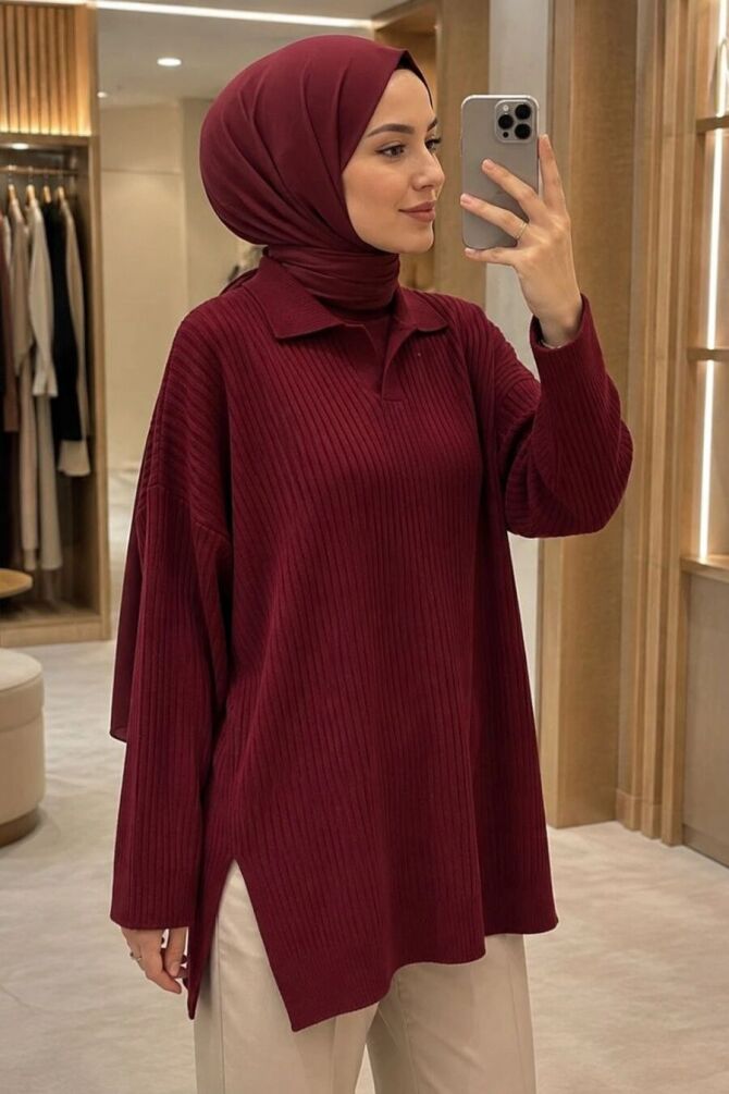 Tunique-pull longue en maille en maille côtelée – Cerise 65903VSN - N.S NEVA STYLE