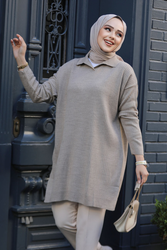 Fitilli Vizon Tesettür Triko Tunik 65903V - 1