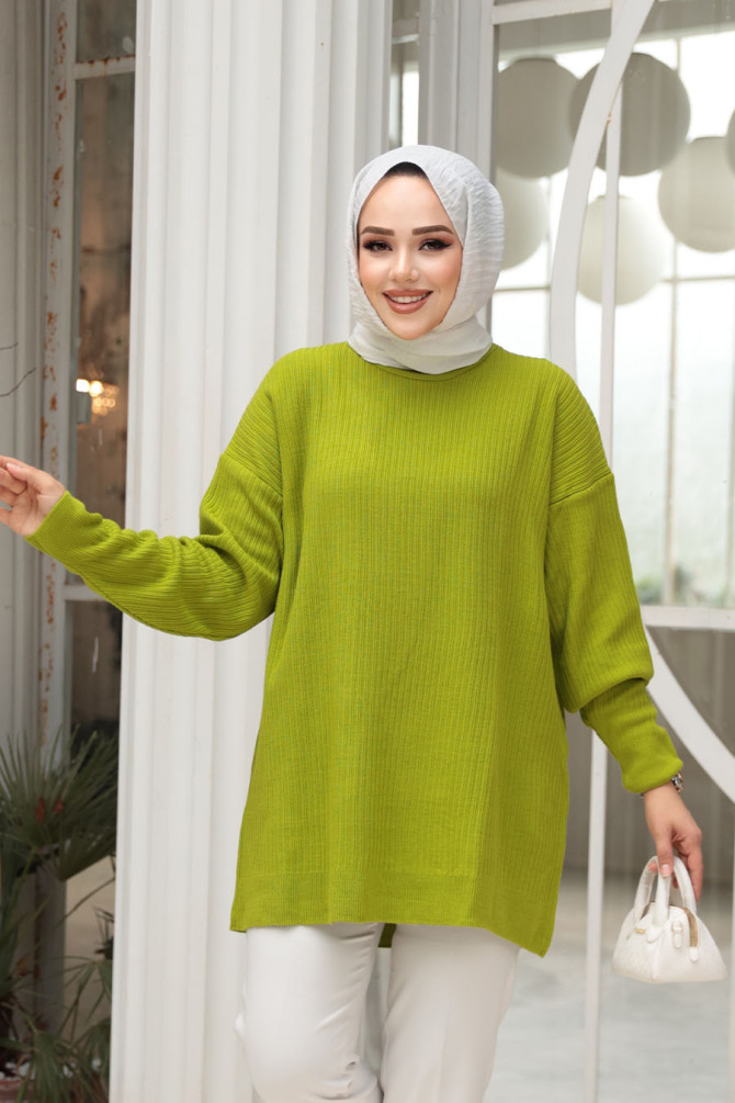 Fitilli Yağ Yeşili Tesettür Triko Kazak Tunik 29141YY - 1