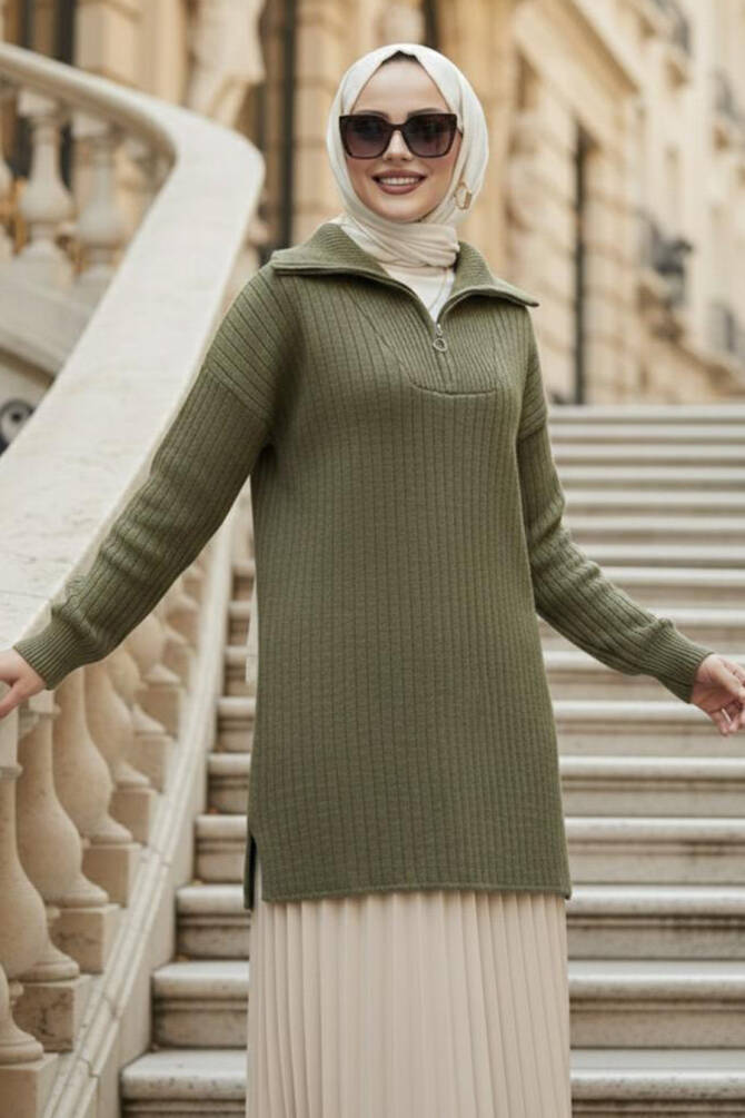Fitilli Yağ Yeşili Tesettür Triko Kazak Tunik 85521YY - 1