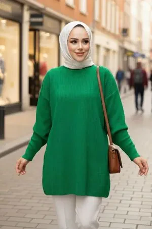 Fitilli Yeşil Tesettür Triko Kazak Tunik 29141Y 