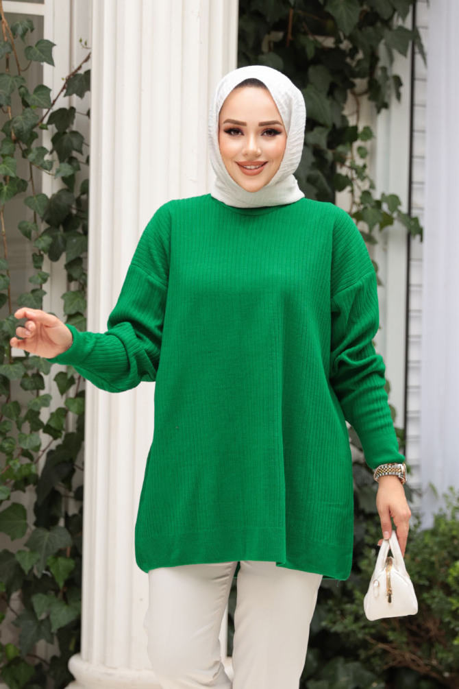 Fitilli Yeşil Tesettür Triko Kazak Tunik 29141Y - N.S NEVA STYLE