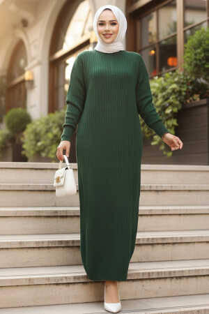 Fitilli Zümrüt Yeşili Tesettür Triko Elbise 60481ZY 