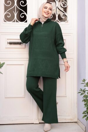Fitilli Zümrüt Yeşili Tesettür Triko İkili Takım 60381ZY 