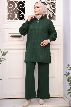Fitilli Zümrüt Yeşili Tesettür Triko İkili Takım 60381ZY - 2