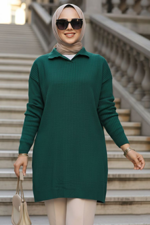 Fitilli Zümrüt Yeşili Tesettür Triko Kazak Tunik 65903ZY - NEVA STYLE