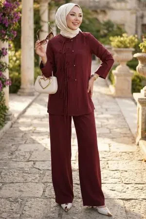 Fiyonk Detailed Burgundy Modest Two-Piece Set 20106BR - 1