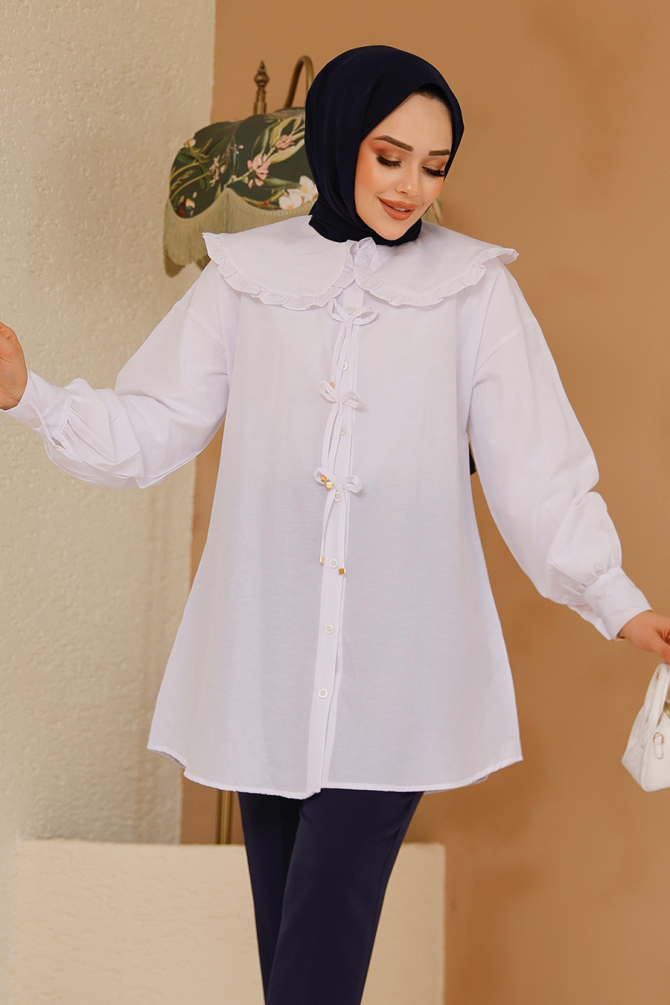 Fiyonk Detaylı Beyaz Tesettür Tunik 10074B - 3