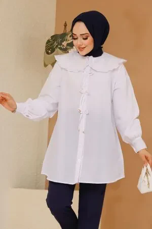 Fiyonk Detaylı Beyaz Tesettür Tunik 10074B 