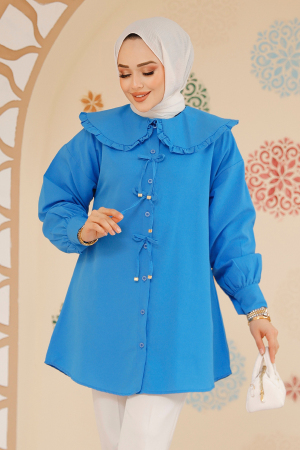 Fiyonk Detaylı Mavi Tesettür Tunik 10074M - 3