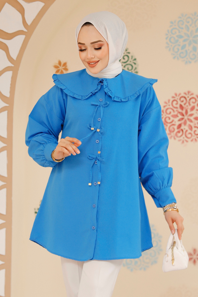 Fiyonk Detaylı Mavi Tesettür Tunik 10074M - 3