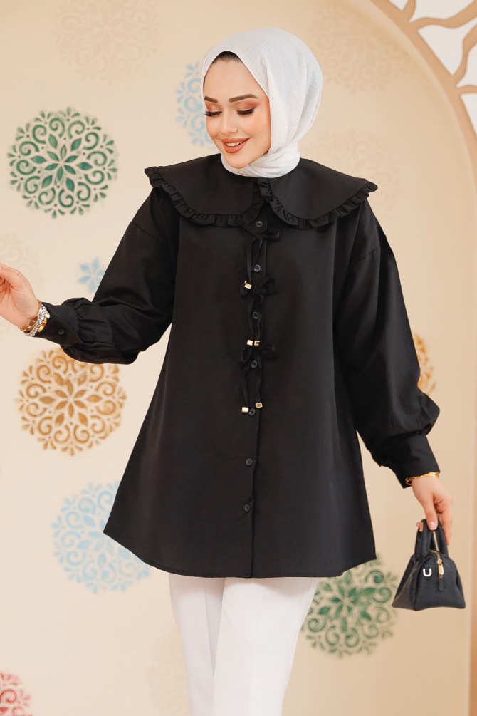 Fiyonk Detaylı Siyah Tesettür Tunik 10074S - 2
