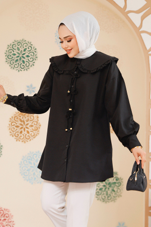 Fiyonk Detaylı Siyah Tesettür Tunik 10074S - 3