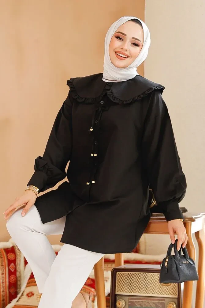 Fiyonk Detaylı Siyah Tesettür Tunik 10074S - 1
