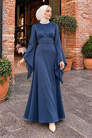 Flared Sleeve Indigo Blue Modest Satin Evening Dress 6258IM 