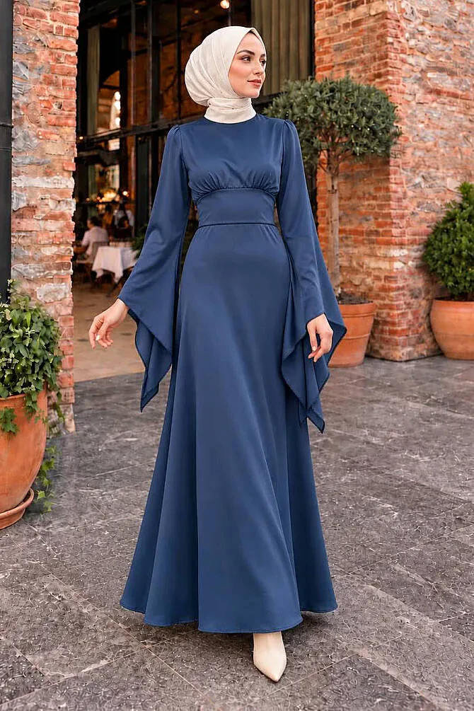 Flared Sleeve Indigo Blue Modest Satin Evening Dress 6258IM - 1