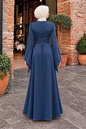 Flared Sleeve Indigo Blue Modest Satin Evening Dress 6258IM - 2