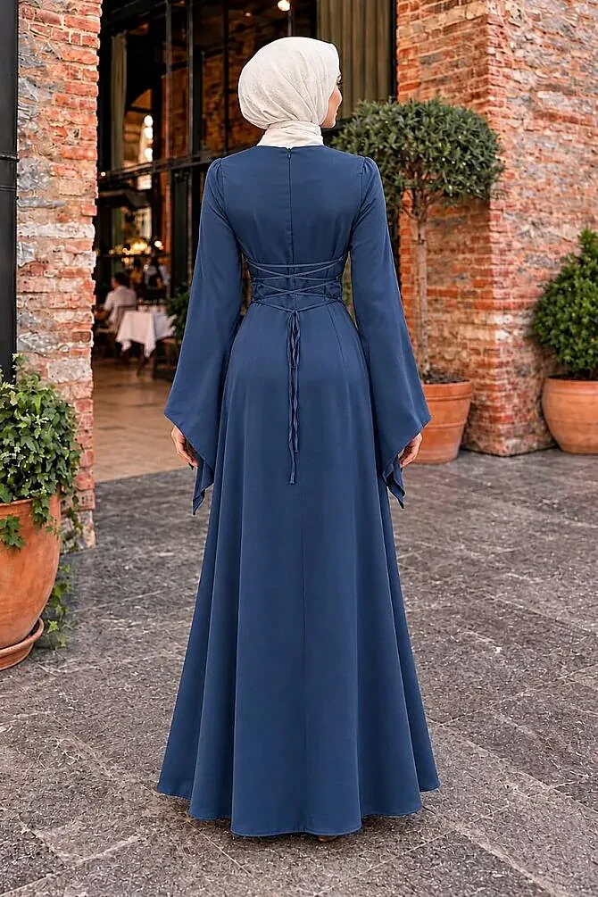 Flared Sleeve Indigo Blue Modest Satin Evening Dress 6258IM - 2