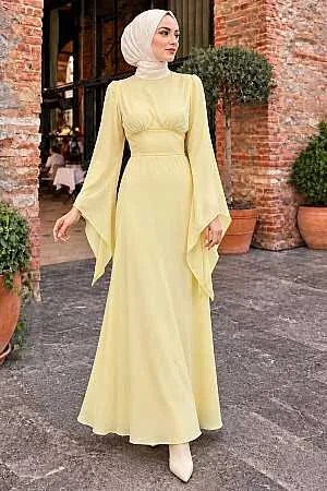 Flared Sleeve Yellow Modest Satin Evening Dress 6258SR - 1