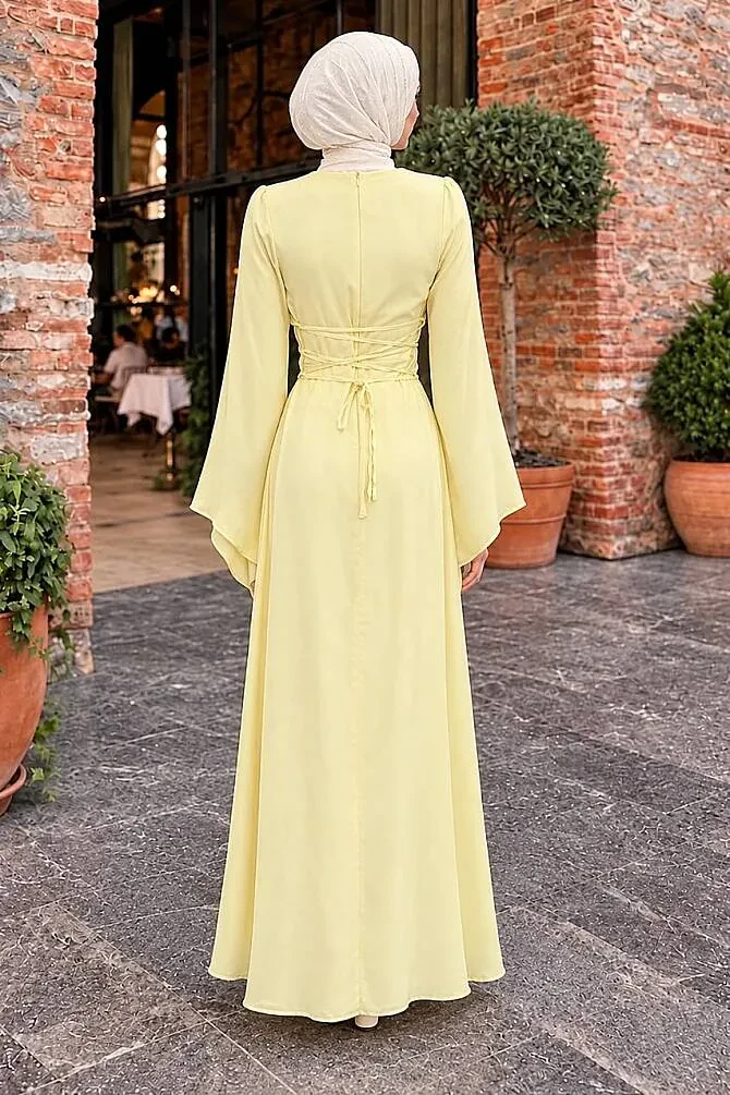 Flared Sleeve Yellow Modest Satin Evening Dress 6258SR - 2