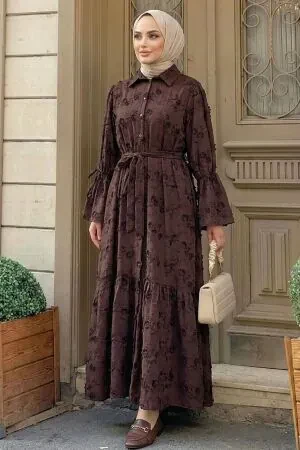 Floral Appliqué Shirt Collar Dark Brown Modest Dress 26185KKH 