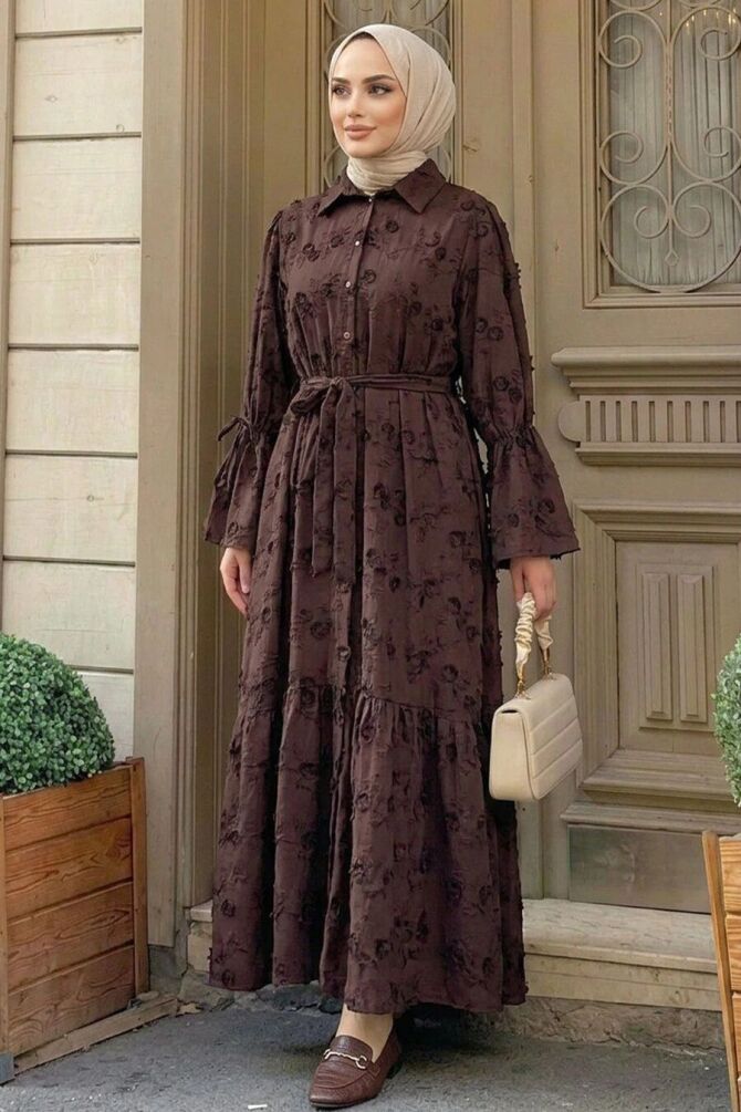 Floral Appliqué Shirt Collar Dark Brown Modest Dress 26185KKH - 1