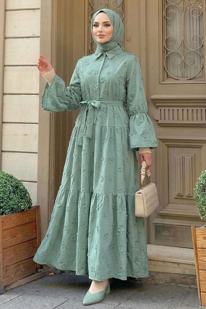 Floral Appliqué Shirt Collar Mint Modest Dress 26185MINT - 1