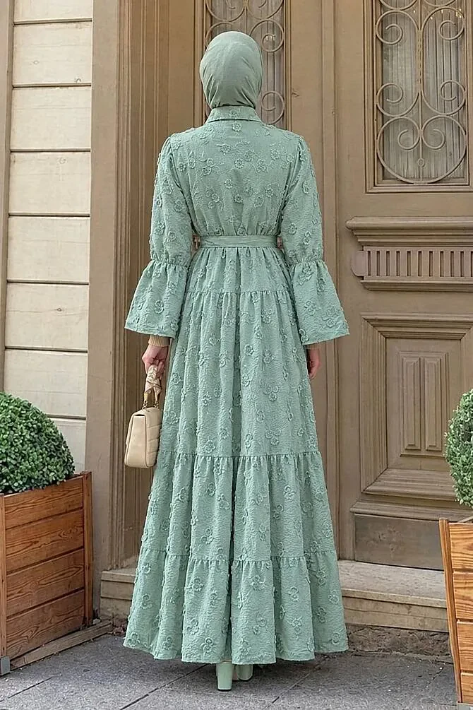 Floral Appliqué Shirt Collar Mint Modest Dress 26185MINT - 2