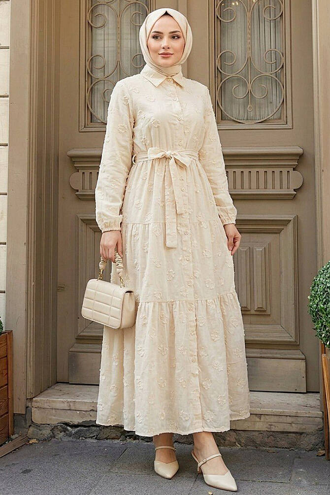 Floral Appliqué Shirt Collar Stone Modest Dress 26185TAS - 1