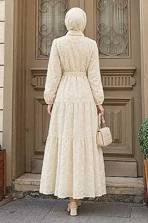 Floral Appliqué Shirt Collar Stone Modest Dress 26185TAS - 2