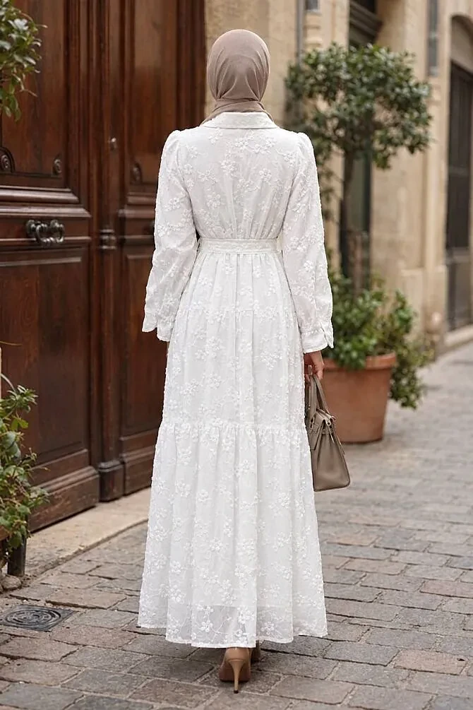 Floral Appliqué Shirt Collar White Modest Dress 26185B - 2