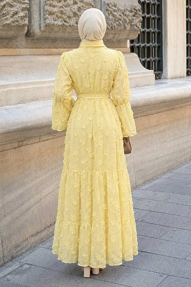 Floral Appliqué Shirt Collar Yellow Modest Dress 26185SR - 2