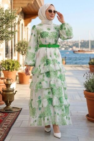Floral Belted Green Modest Dress 42192Y 