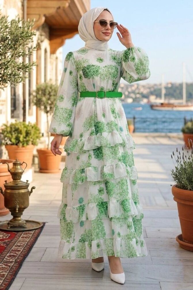 Floral Belted Green Modest Dress 42192Y - 1