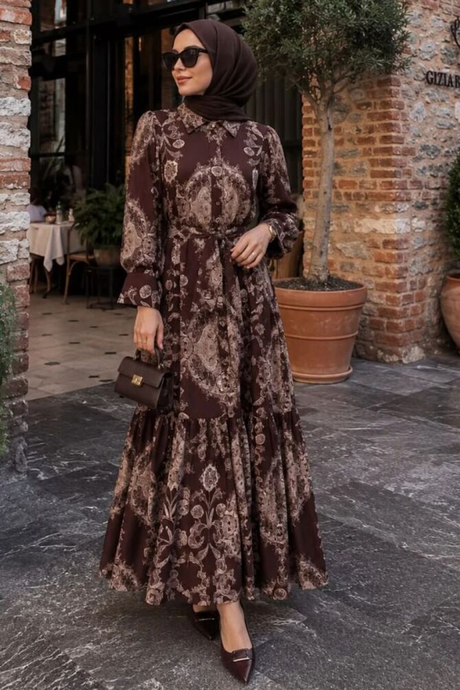Floral Belted Jessica Brown Modest Dress 15063KH - 1