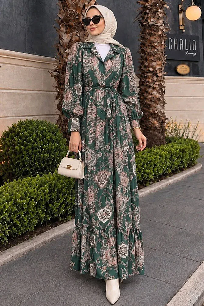 Floral Belted Jessica Dark Mint Modest Dress 15063KMINT - 1